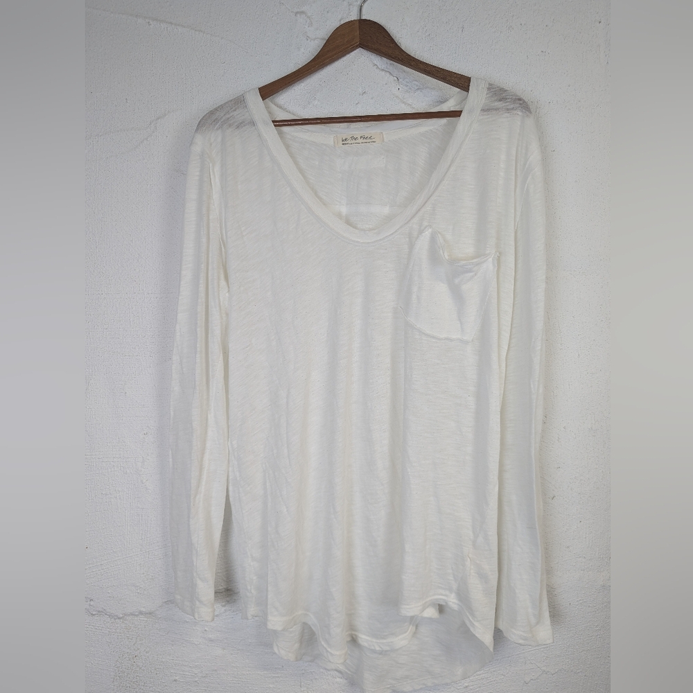 We the Free White Long Sleeve T Shirt Pocket Tee Semi Sheer Womens Medium Soft